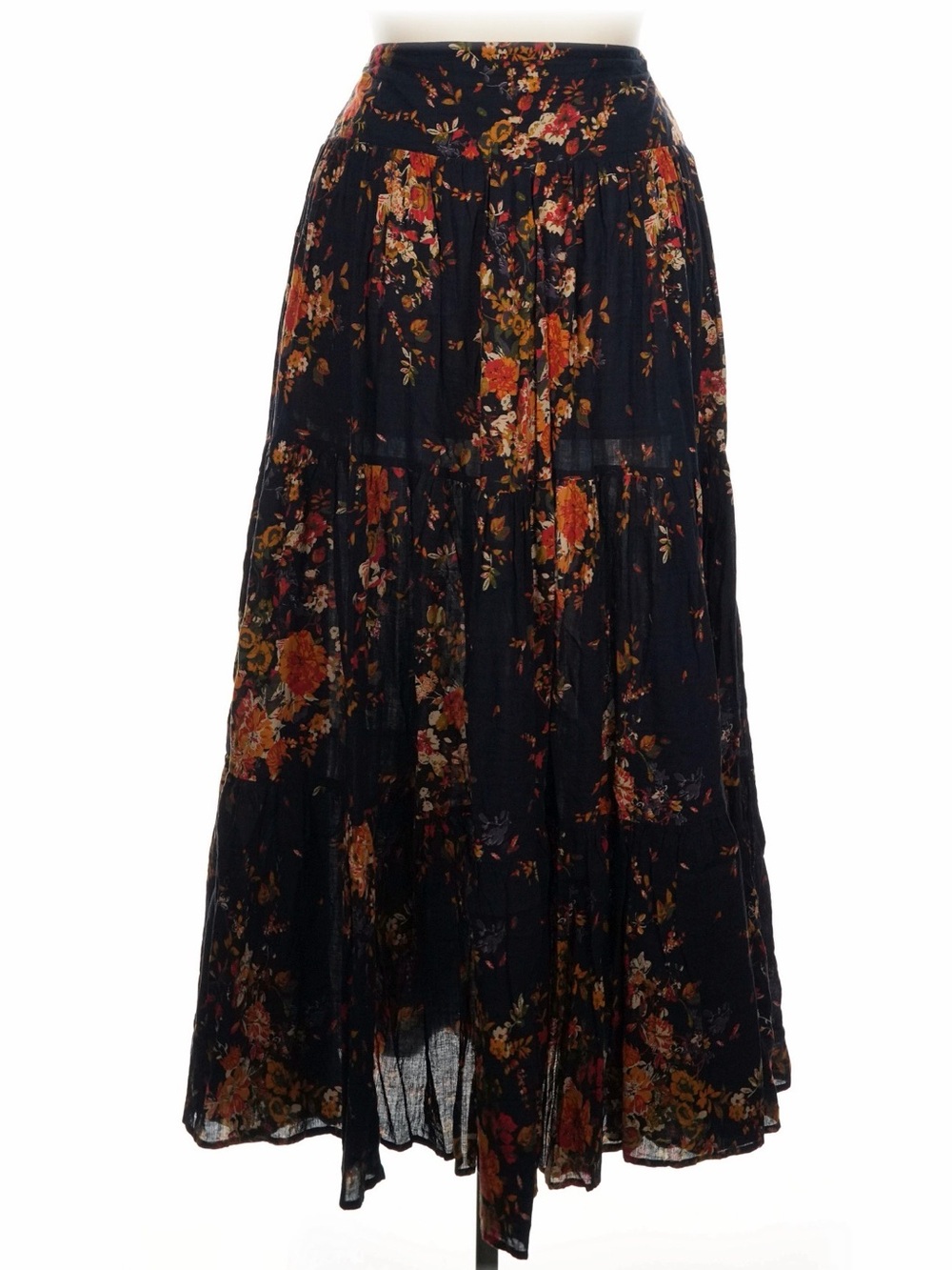 NATURAL LIFE Navy Floral Tiered Maxi Skirt with Orange & Red, printed, xl